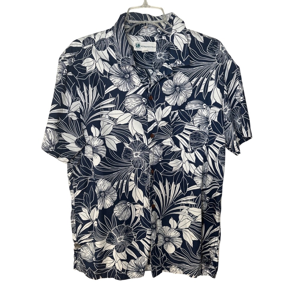Aeropostale Mens Navy White Floral Tropical Short Sleeve Button Down Shirt Large - Picture 2 of 7